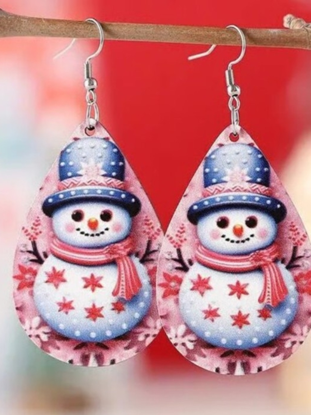 Festive Pink Snowman Teardrop Dangle Earrings